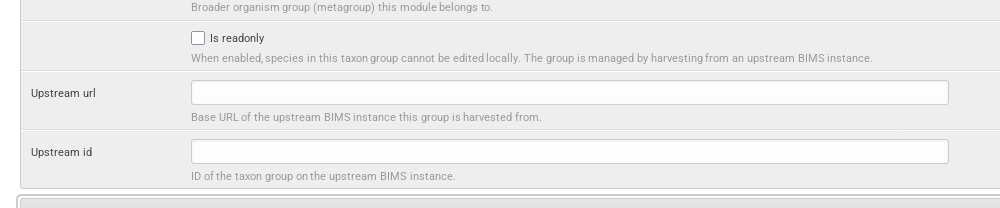 Django admin TaxonGroup showing the read-only binding fields