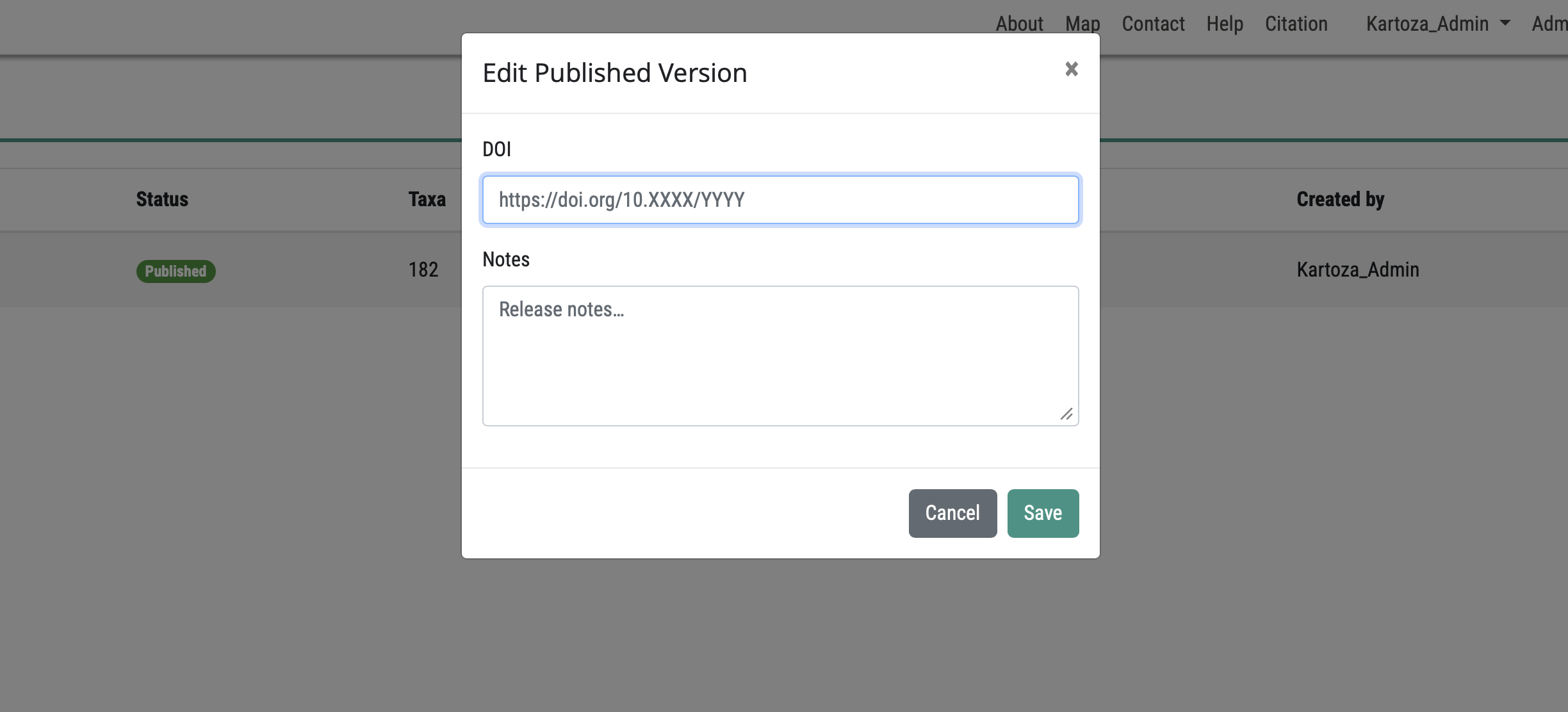 Edit DOI field on the version detail panel