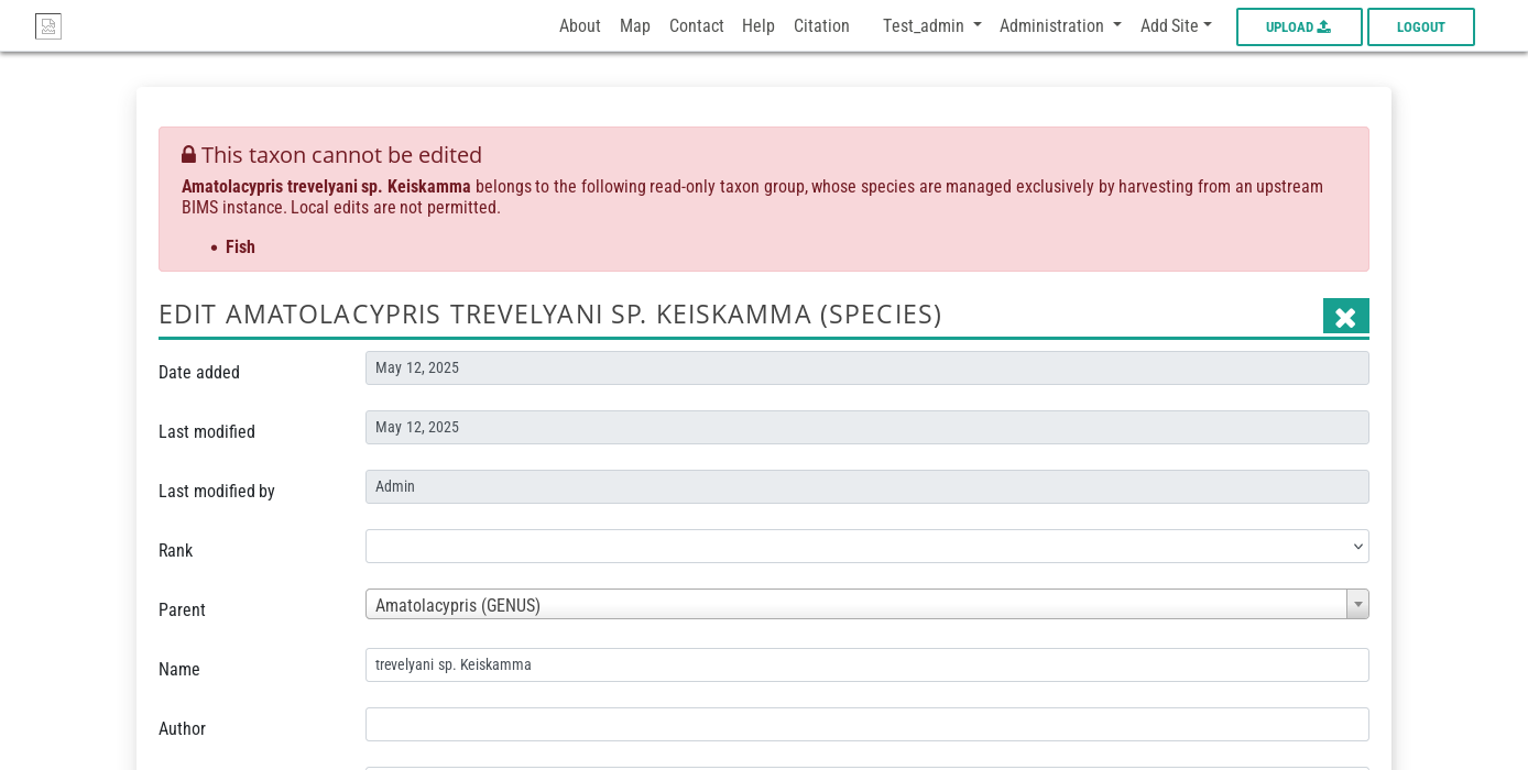 Edit blocked banner explaining the species belongs to a read-only group