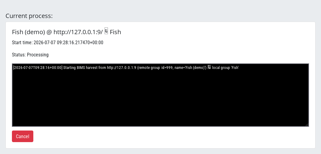 Live harvest progress with log output and Cancel button