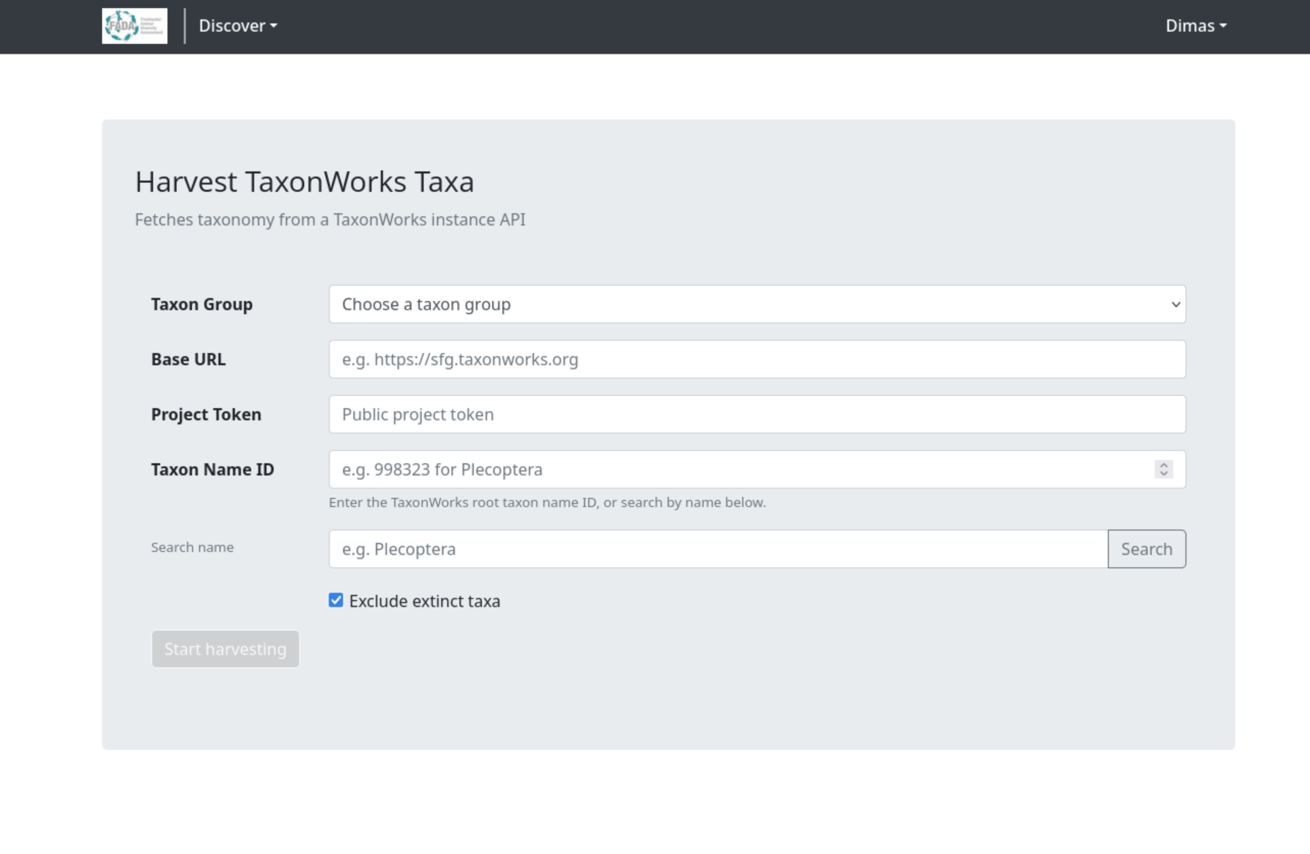 Harvest TaxonWorks page - initial view