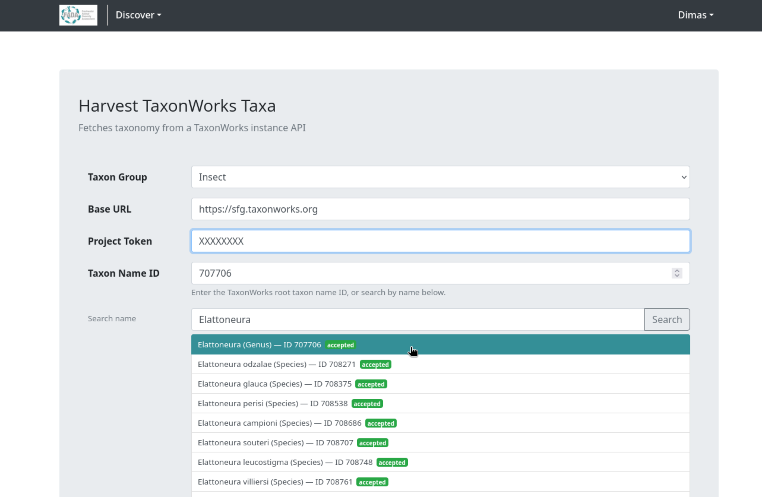 Taxon name search results