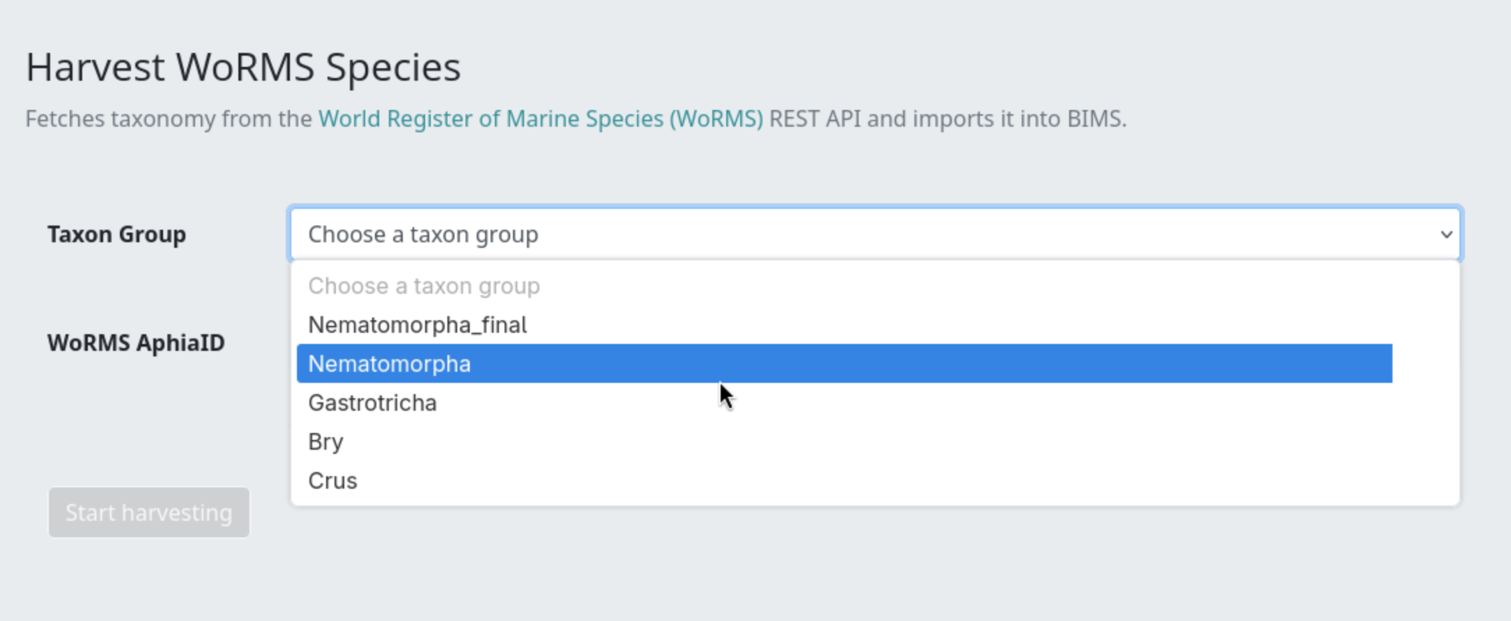 Taxon Group dropdown
