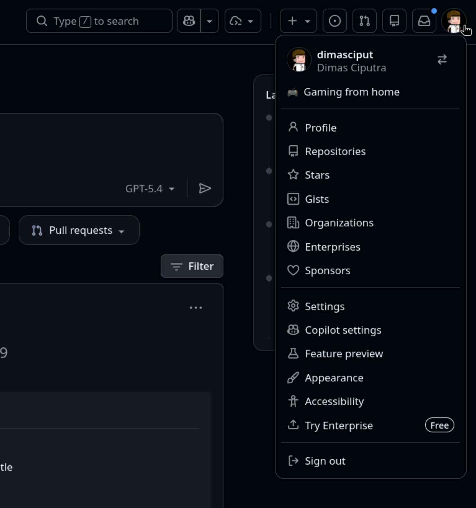 Profile menu showing Settings option