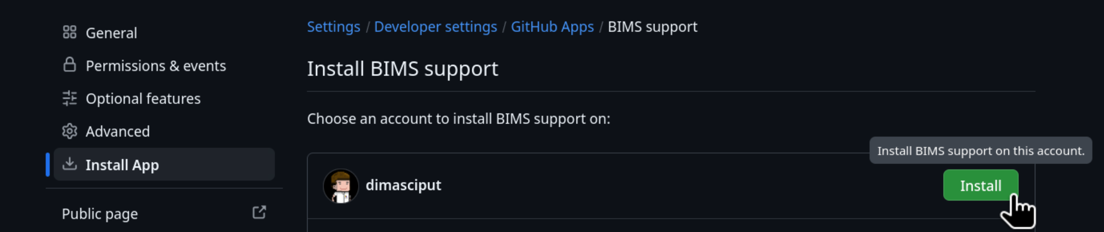 List of accounts with Install button