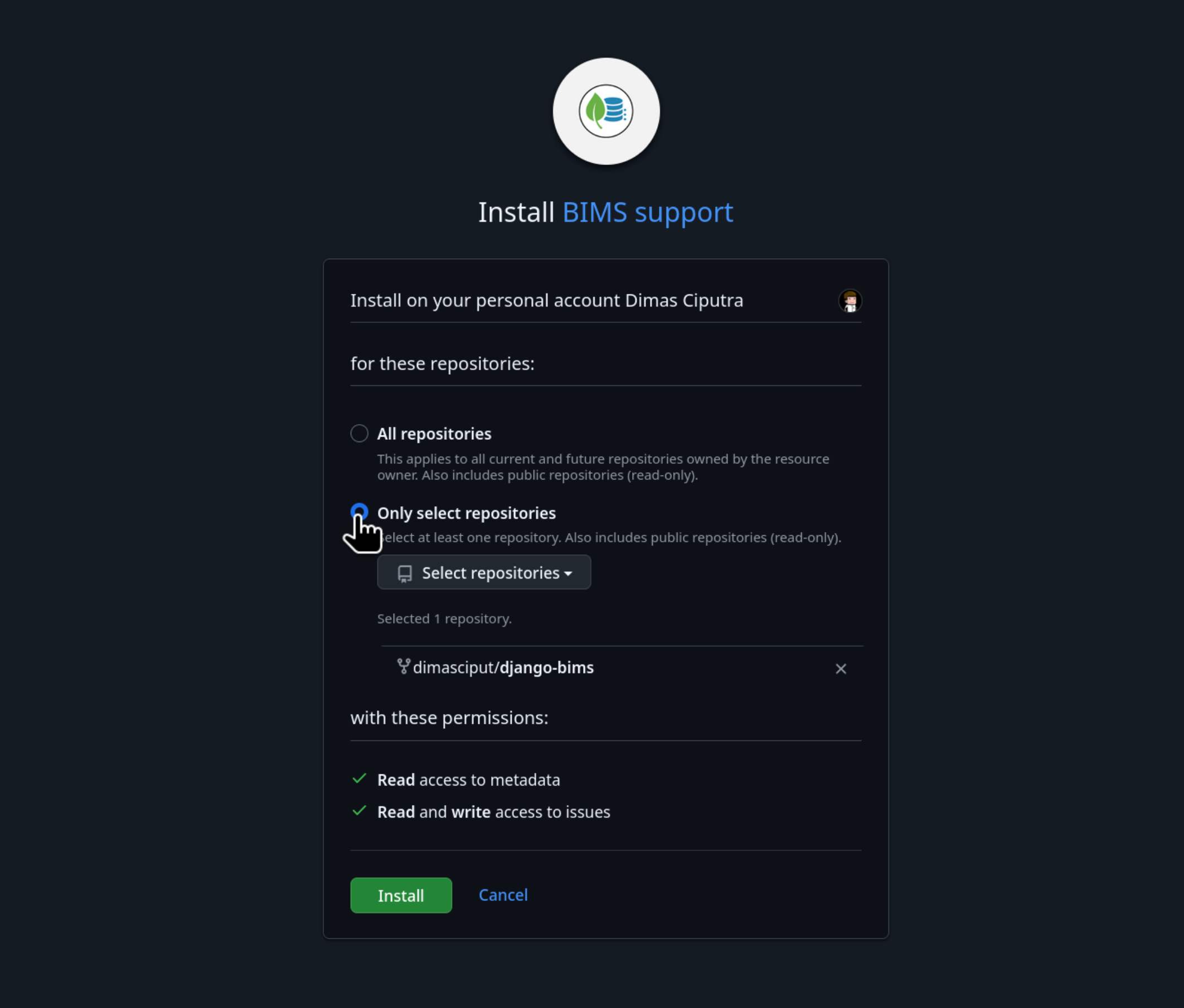 Repository access selection screen