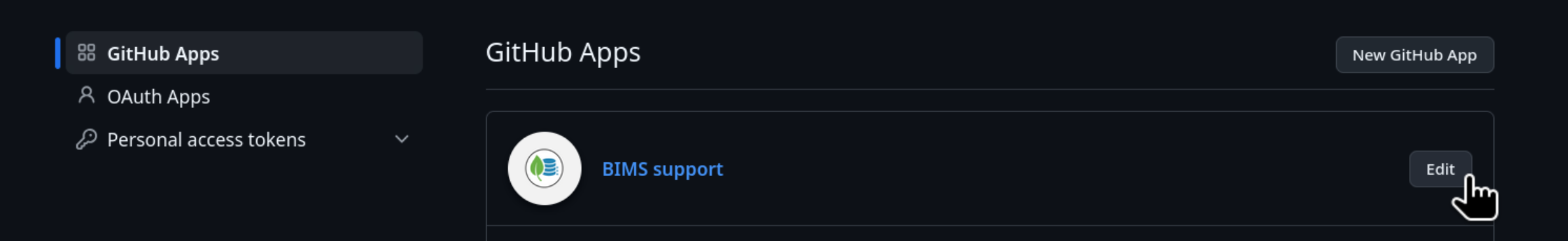 GitHub Apps list with Edit button highlighted