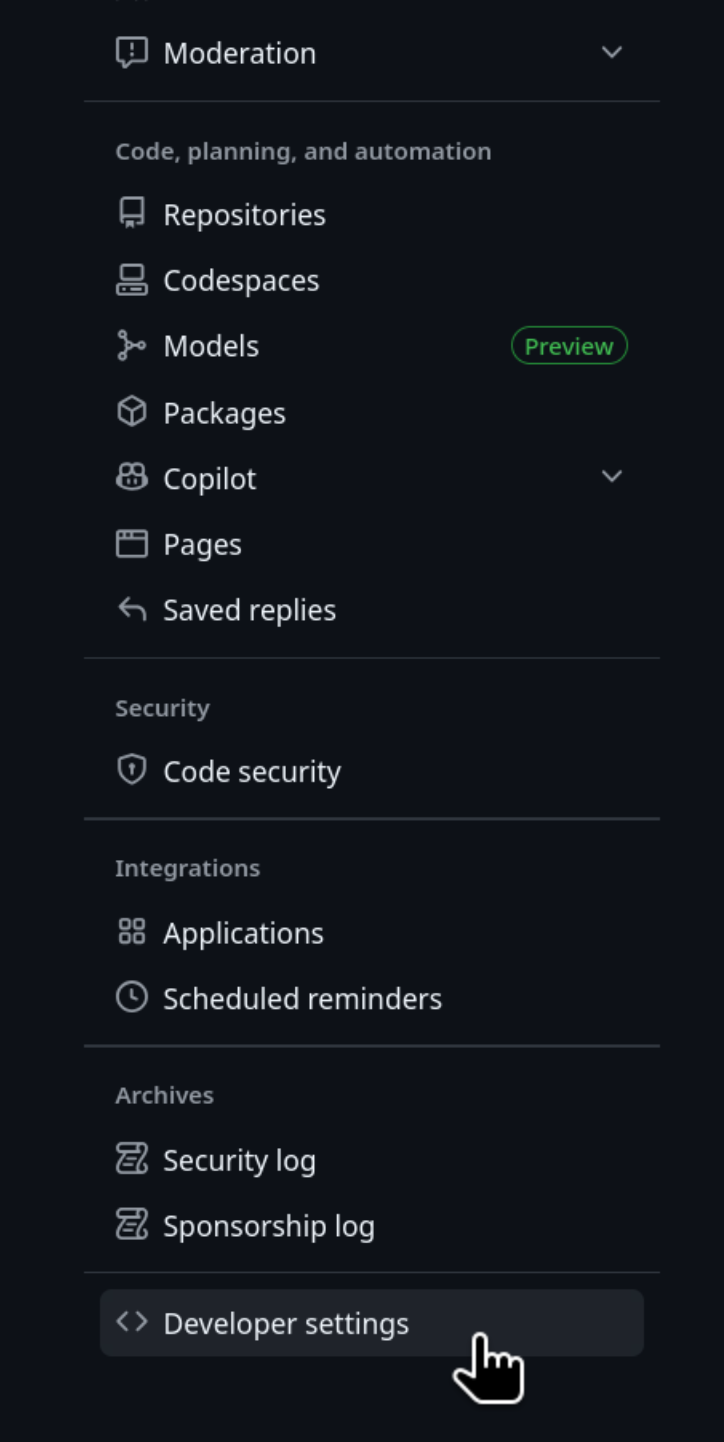 Left sidebar with Developer settings highlighted
