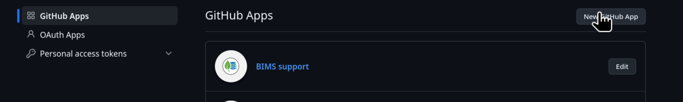 GitHub Apps page with New GitHub App button