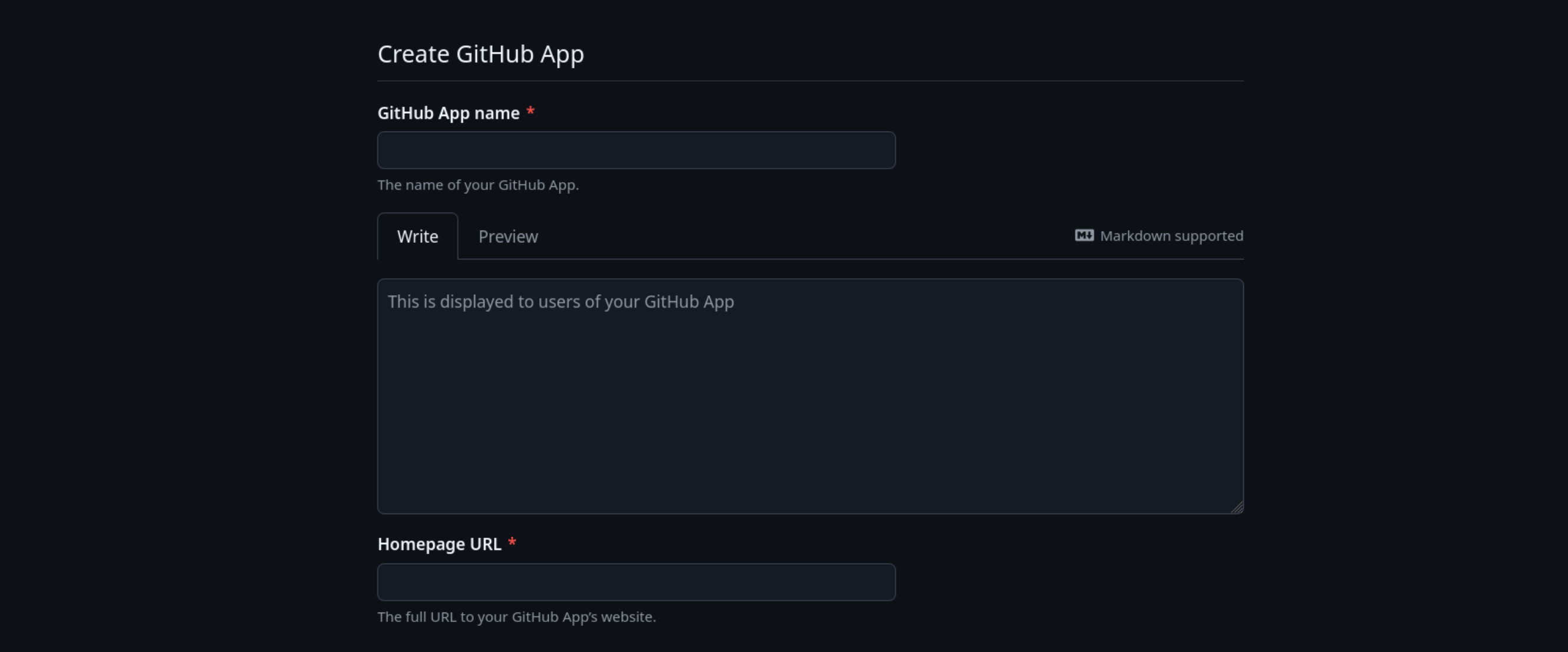 New GitHub App registration form