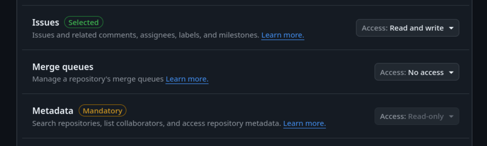 Repository permissions section with permission dropdowns
