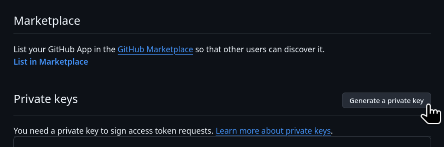 Private keys section with Generate a private key button