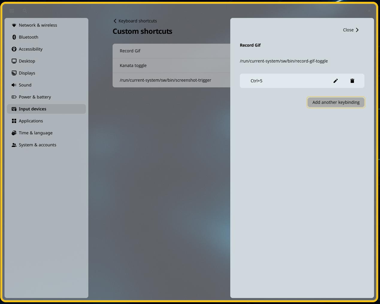 A COSMIC custom shortcut named Record Gif binding record-gif-toggle to Ctrl+5