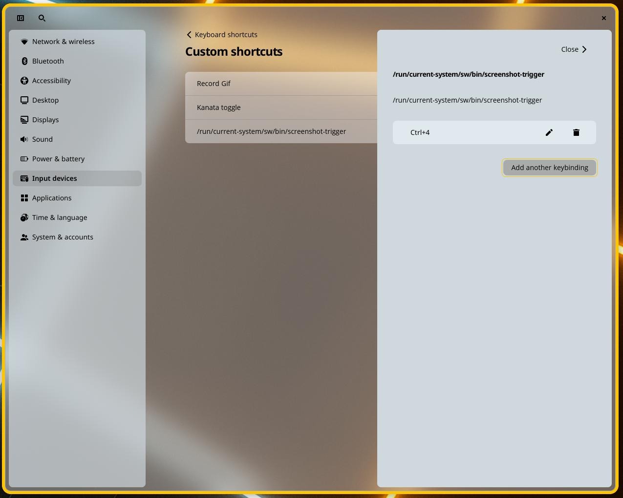 A COSMIC custom shortcut binding screenshot-trigger to Ctrl+4