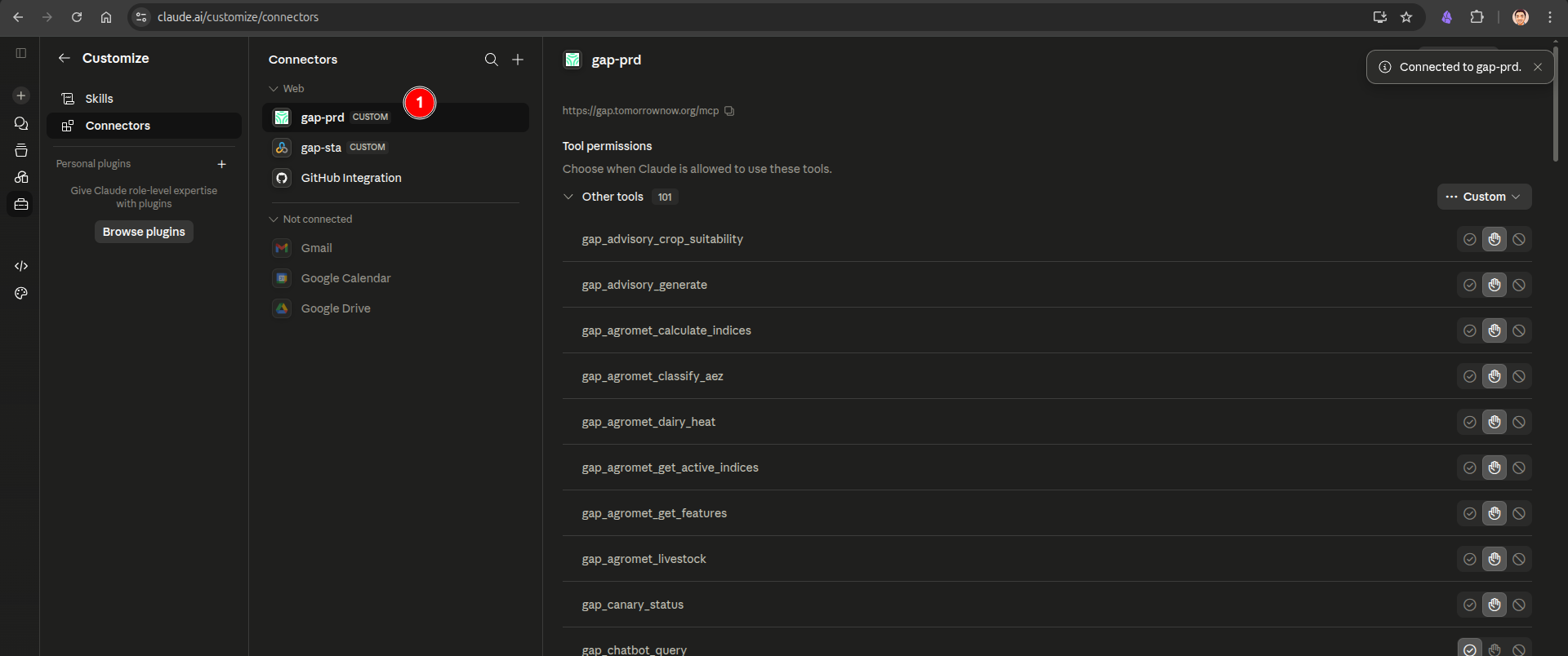 GAP connector connected with tool permissions list